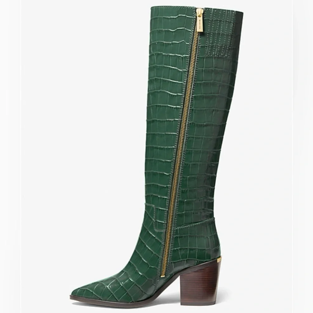 Michael Kors Loni Moss Green Embossed Croc Leather Knee-High Boots US 7M NIB